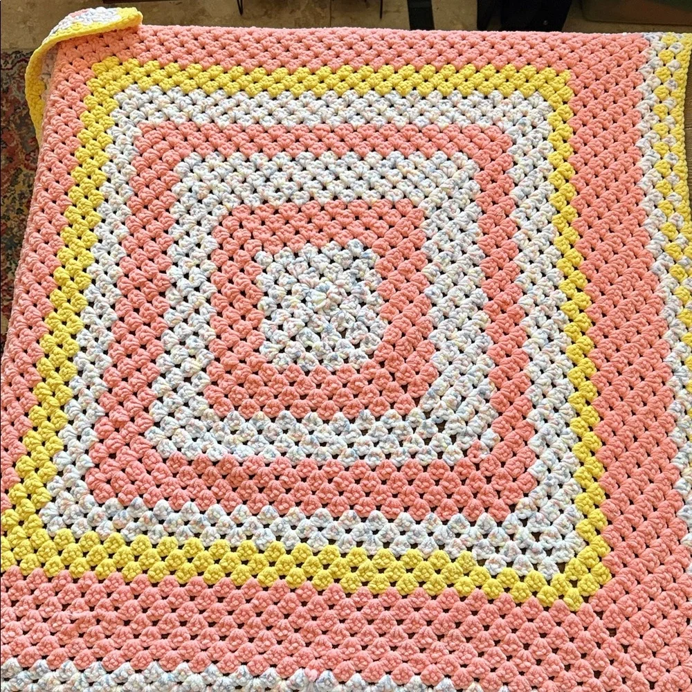 New Hand Knit/Crocheted Baby Blanket 34” x 34” orange/yellow/white